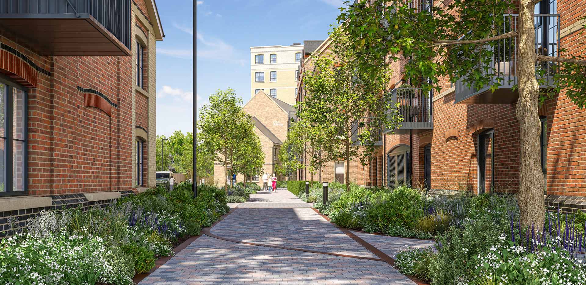 Reading Riverworks, Exteriors, Walking path with apartments to the side